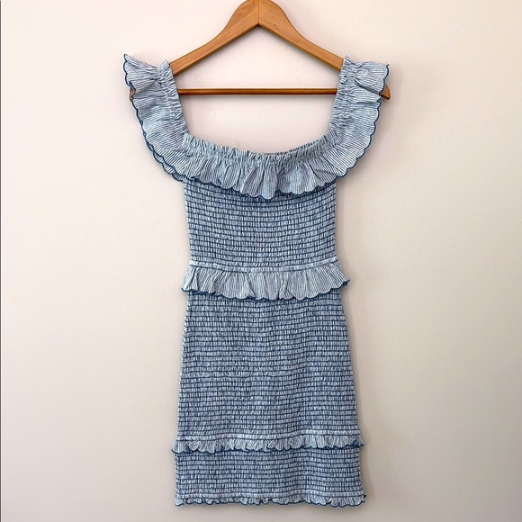 Storia Off The Shoulder Mini Dress Smocked Ruffle Cotton Linen Stripe Blue Sz S - Picture 2 of 10